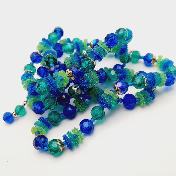 Vintage Hong Kong Early Plastic Two Strand Beaded Necklace, Green Blue Beads - Picture 10 of 10